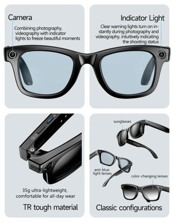 LIGE New Camera SunGlasses 800w Pixel Camera Recording Noise Reduction Ai Recognition Translation Anti Blue Light Smart Glasses