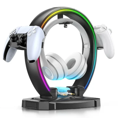 Sd44bdafccd704d6fb1606debce4faedbe.webp Headphone & Controller Stand with 9 Light Modes - Foldable Controller Hanger for Desk - Earphone Stand with Cable Organizer