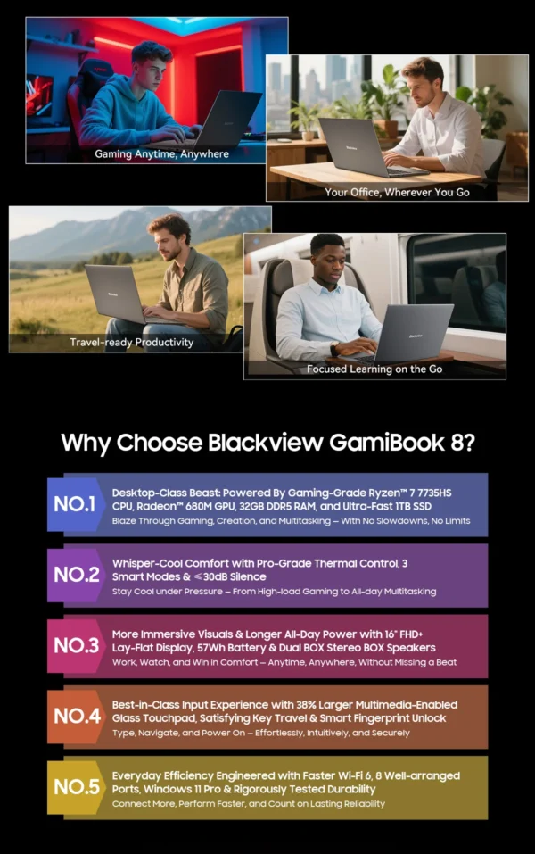 Sd9b21f696fd04a429c893572597a3237o.webp BLACKVIEW GamiBook 8 Laptop AMD R7 7735HS 16" IPS 1902*1200 32GB DDR5 1TB SSD 57Wh Windows 11 Pro Backlit Keyboard BT5.2 PC