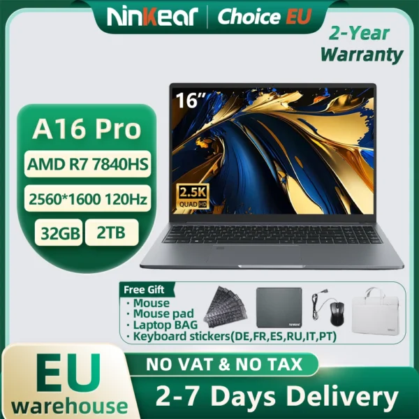 Ninkear A16Pro Laptop 16 inch 2.5K 120Hz AMD R7 7840HS WiFi 6 32GB DDR5 RAM 2TB SSD Laptop Windows 11 Notebook Office Computer