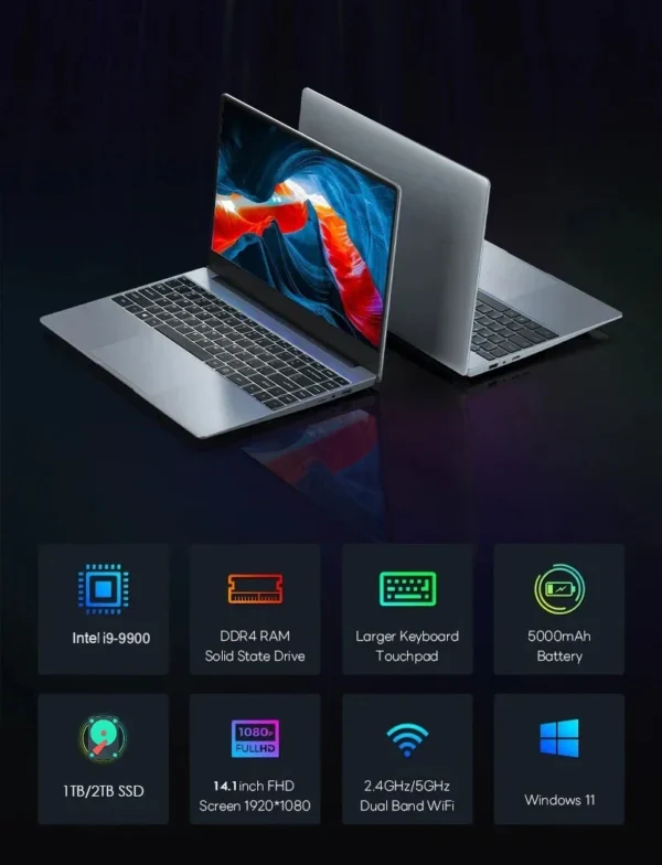 LENO NEW 14.1" Laptop Intel Core i9-9900 32GB 2TB Windows 11 Gaming Computer PC Gamer office Ultra Slim Notebook 1920*1080 HD