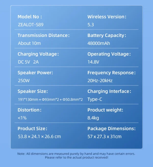Se2d0f53b65ef45209e553ec20e5cd5d9g.webp ZEALOT S89 Wireless Speaker 250W Portable Outdoor with RGB Color Lights Long 48000mAh Battery up to 8 Hours Playtime