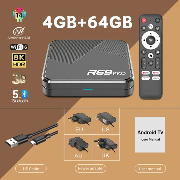 Janmifly R69 PRO Set Top Box Android 14 Allwinner H728 WiFi 6 Support Ultra HD 8K Bluetooth 5.0 smart tv box Netflix YouTube
