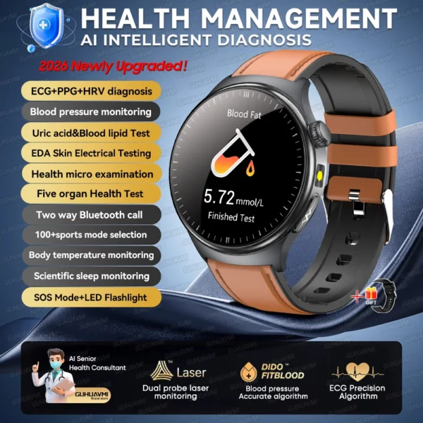 Sec7eb7aa69f042848967ba99e56f765cO-1.webp 2026 New Accurate Blood Lipid Uric Acid Test Smart Watch Men Women ECG Blood Pressure Body analysis Voice Call Health Smartwatch