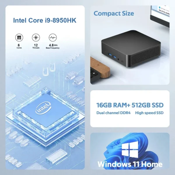 2026 Mini Gaming PC Desktop Windows 11 Pro Intel Core i9 8950HK Mini PC 16GB DDR4  1TB SSD PC Gamer Computer Dual WIFI 6 BT5.2 4K HD
