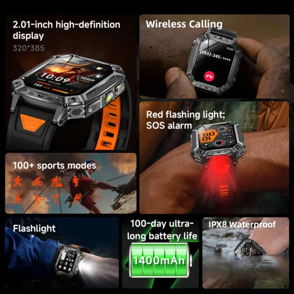 Secf14b8861214100a00e9579a00ab5f4w.webp 2026 Military Smartwatch 2.01''Color Screen Outdoor Sports Watch for Men SOS Red Alarm Flashing Flashlight Health Monitor IP68