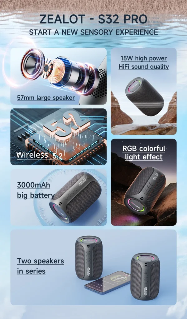 Sf4ecd63a79324bfe988408fda7ddea595.webp Zealot S32 pro Bluetooth Wireless Outdoor Portable Subwoofer Speaker Waterproof IPX6 Dual Pairing 3600mAh Wireless Speaker