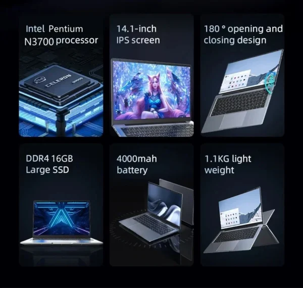 New Ultra Slim Laptop 14.1" 16GB RAM 2TB SSD Intel N3700 Notebook Gamer 1920*1080 Display Office Study Computer PC Windows 11 Pro