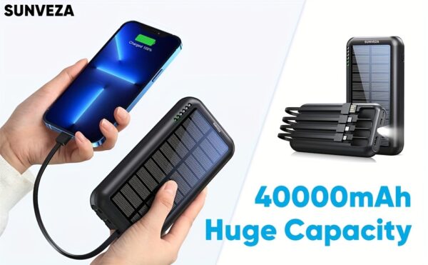 Sunveza Portable Solar Power Bank - 40000mAh Large Capacity, 3 Output, 1 Input Cable, Flashlight, 5V3.1A Fast Charger For Smartphones And Devices-LS42hei
