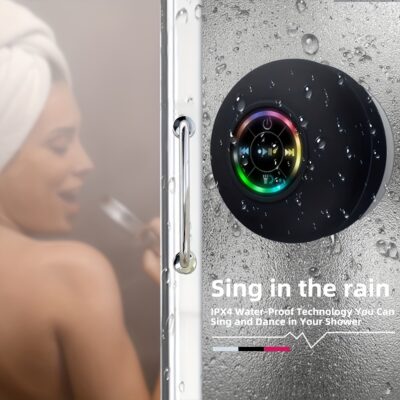 IPX4 Waterproof LED Bathroom Speaker, USB Charging, Key Control, Wireless Connectivity, Large Suction Cup, Exclusive US Design Patent, Portable Audio Base Station for Smartphones