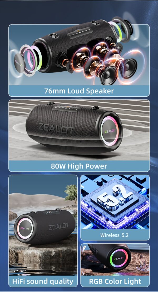 f1000ba4-6f2b-4c40-9672-ce3e5e24c281.jpg ZEALOT 80W Large Speaker, IPX5, Outdoor Portable Subwoofer Wireless Speakers, Dual Pairing, 16000mAh Battery, 24Hours Playtime Loud Stereo, Booming Bass. Charging Cable, for PC, Smartphones, Car, Outdoor, Camping, Beach.-ZEALOT S87(2pcs A Set)